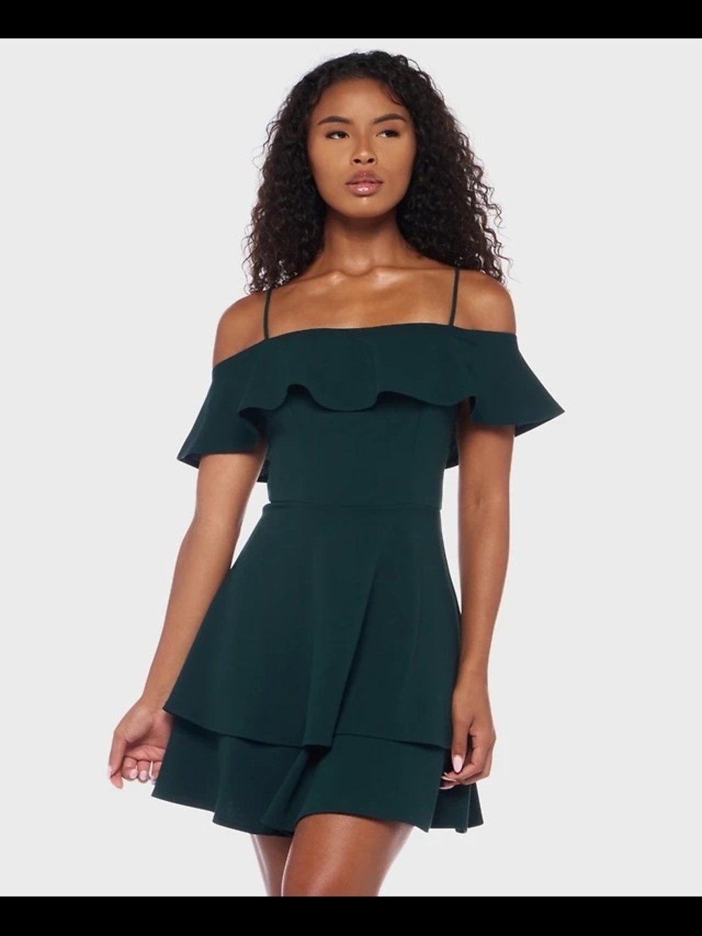 B Darlin Off-Shoulder Ruffle Tiered Mini Dress in Dark Green